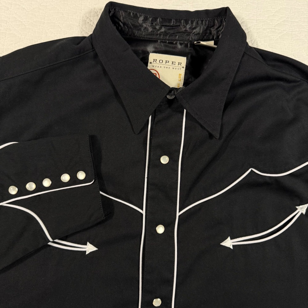 Roper Western Snap Shirt‎ Mens XL Black White Piping Arrow Bull Embroidery Rodeo